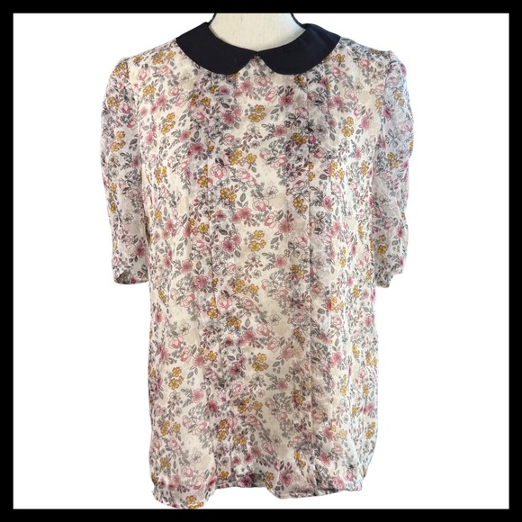 CeCe Tops - Floral Blouse Black Collar Sheer Pink Yellow Flowers Cute Top Size Small